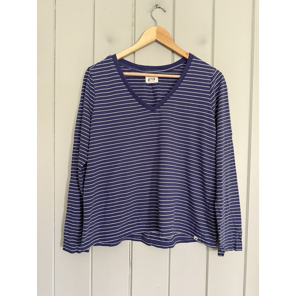 Pact Organic Women’s Top L Large Cotton Striped Long Sleeve Blue White V-Neck